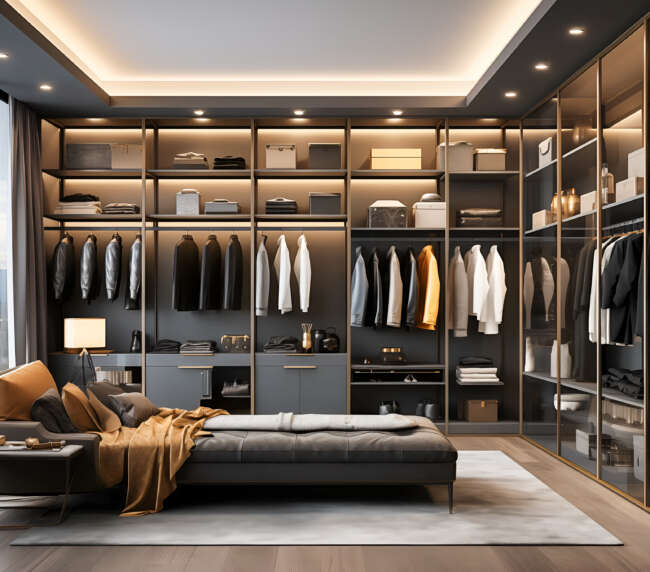 luxury modern wood walk in closet with wardrobe