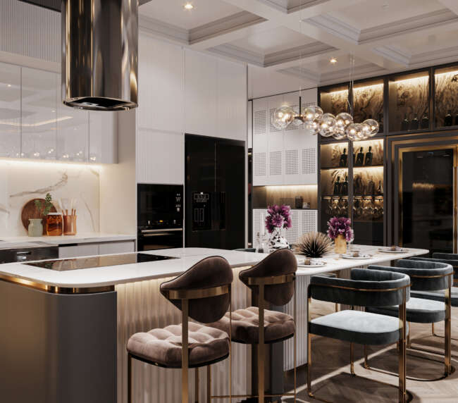 a Scandinavian-style kitchen with a sleek stainless steel backsplash and appliances