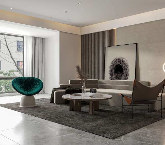Modern Living Room with Minimalist Design and Stylish Accent Chair