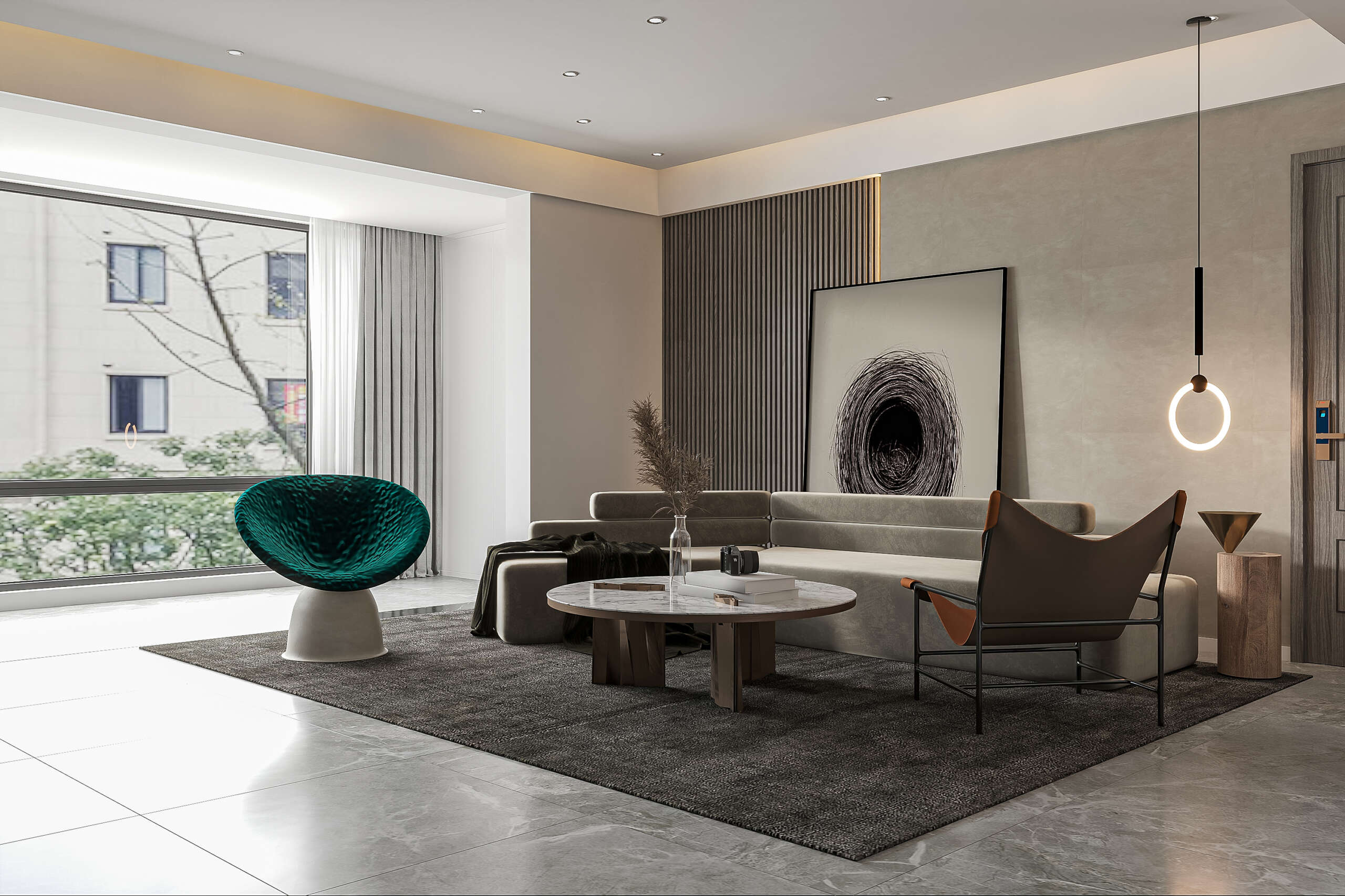 Modern Living Room with Minimalist Design and Stylish Accent Chair